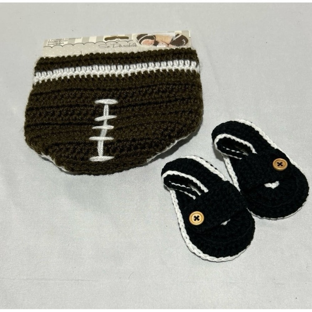 Newborn Baby Boy‎ Crochet Brown Football Diaper Cover Black Shoes Photo Prop
